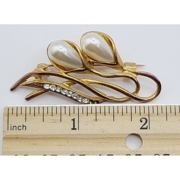 Vtg Brooch Double Pearl Cala Lily Rhinestones Gold Tone Pin Floral 80s *Read - Picture 6 of 7